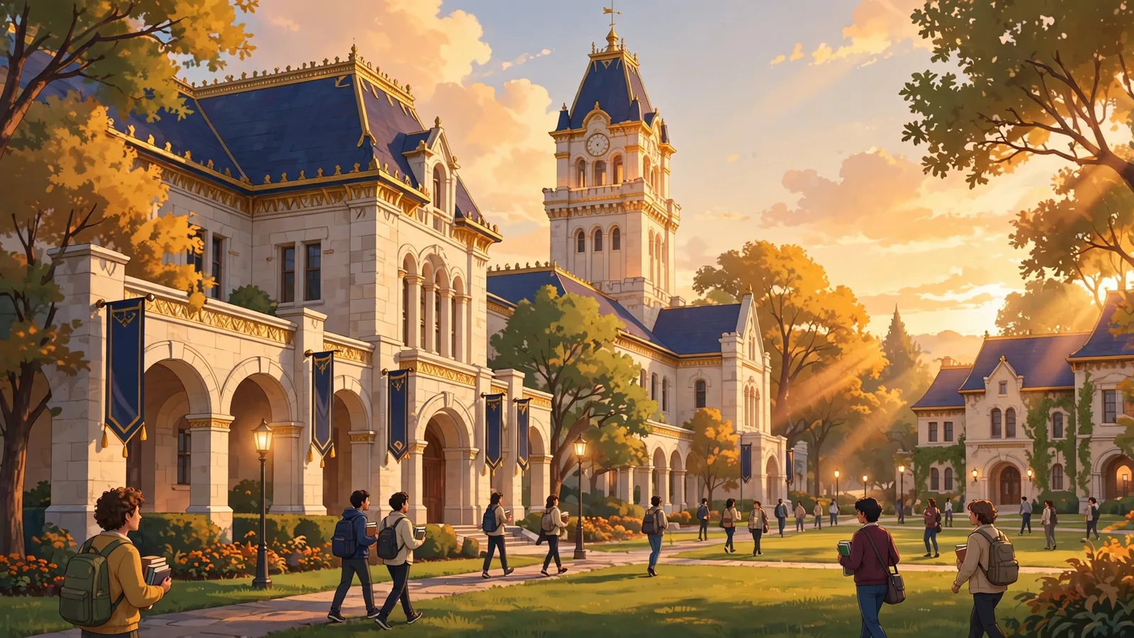 The Starvard campus at golden hour: ivory halls, a clock tower, and students crossing the green with their books