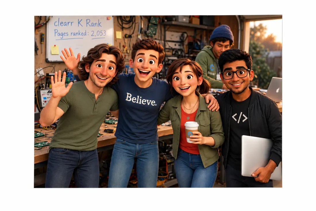 The Starvard team in cartoon style: five friends together in the workshop