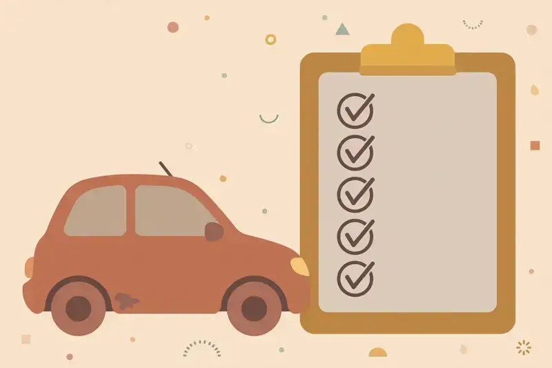 A used car beside a mechanic's clipboard checklist