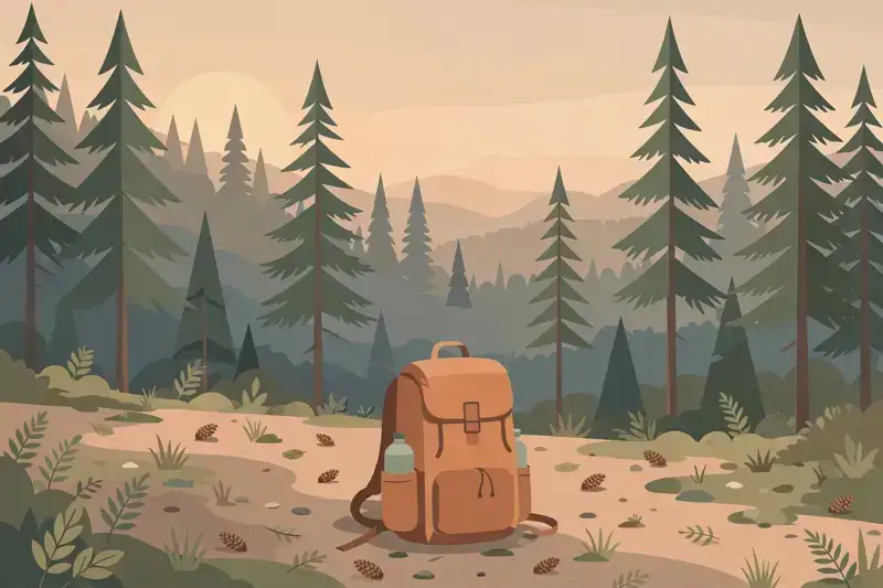 A flat illustration of a backpack on a forest trail at dawn