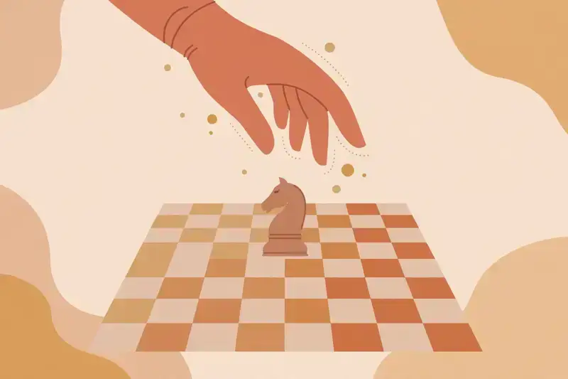 A flat illustration of a hand about to move a chess piece, thinking carefully