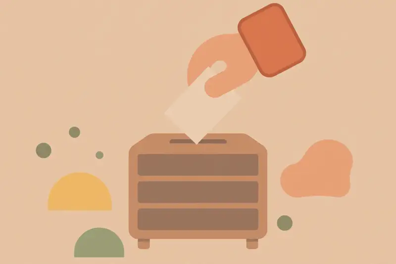 A hand dropping a ballot into a ballot box