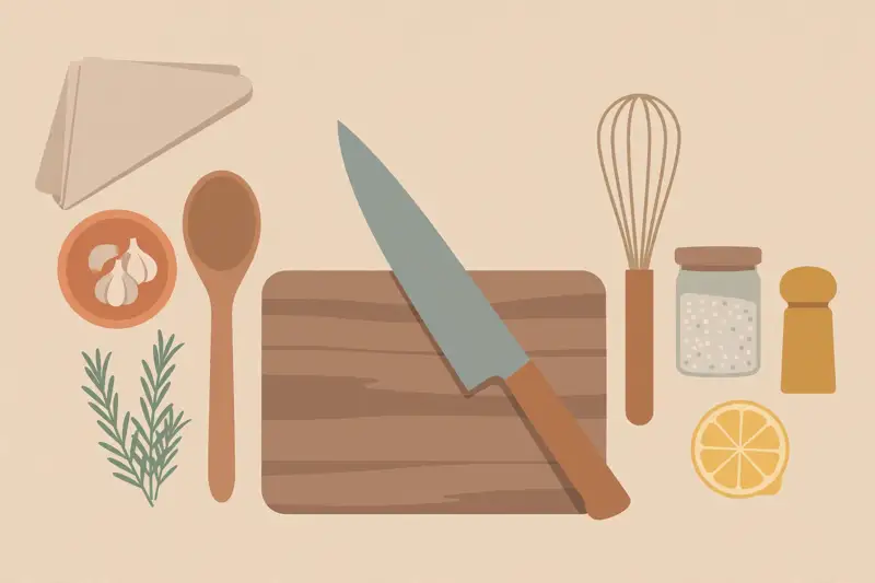 A sharp chef knife, cutting board, and simple kitchen tools arranged neatly