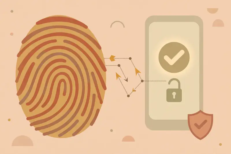 A fingerprint unlocking a smartphone with a checkmark