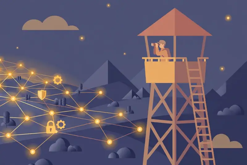 A watchtower guard scanning a night landscape of network connections