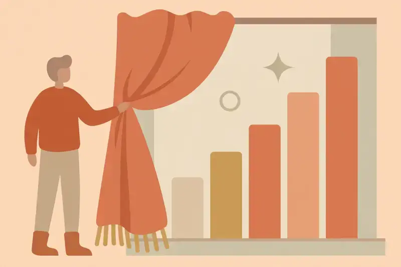 A person lifting a curtain to reveal a hidden rising bar chart