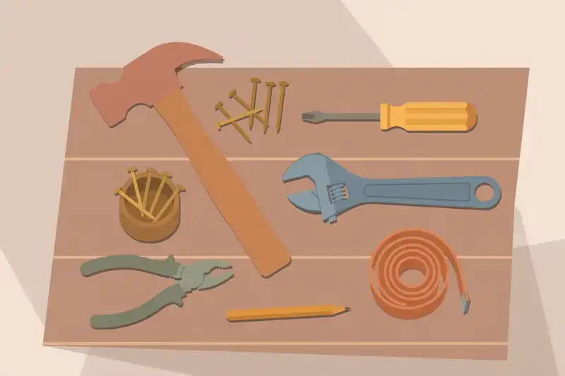 A hammer and nails arranged on a wooden workbench