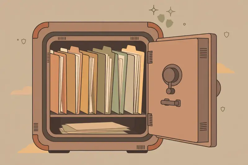 A fireproof safe with important documents neatly filed inside