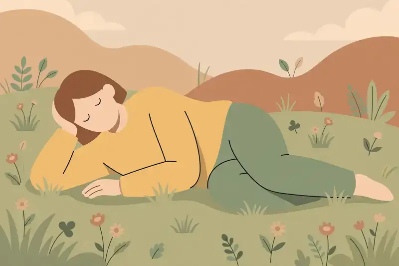 A person resting in the recovery position on their side on the grass