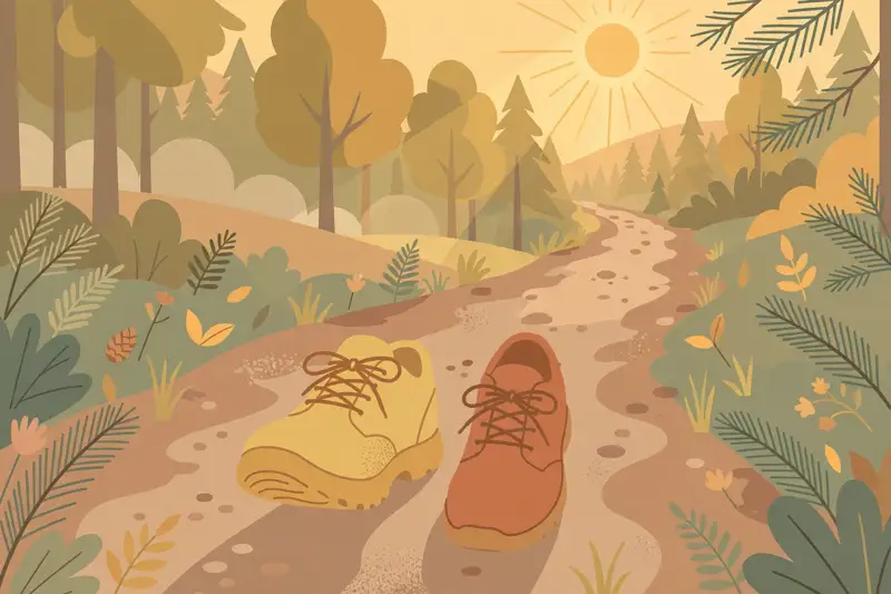 Walking shoes on a sunny trail, the daily walk