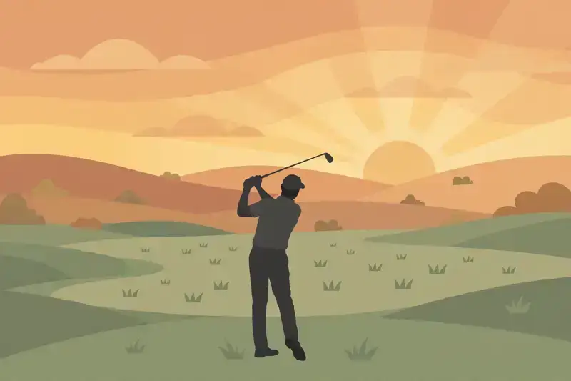 A flat illustration of a golfer silhouette mid-swing at golden hour