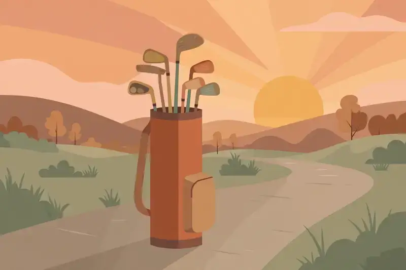 A flat illustration of a golf bag with clubs on a cart path at sunset