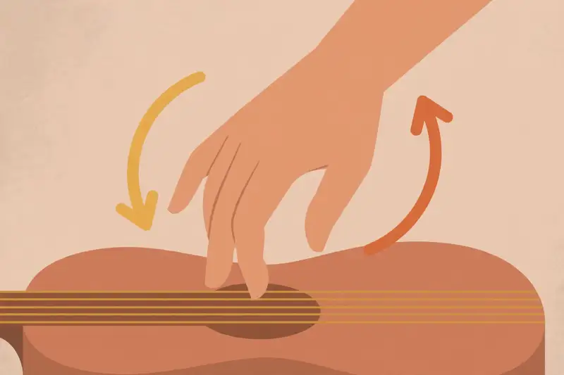 A strumming hand in motion with rhythm pattern arrows