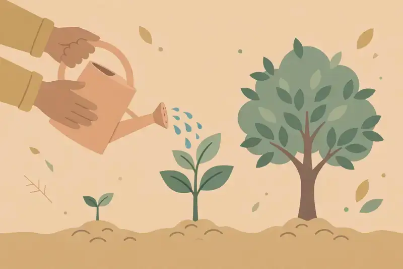Hands watering a seedling growing into a tree, developing people
