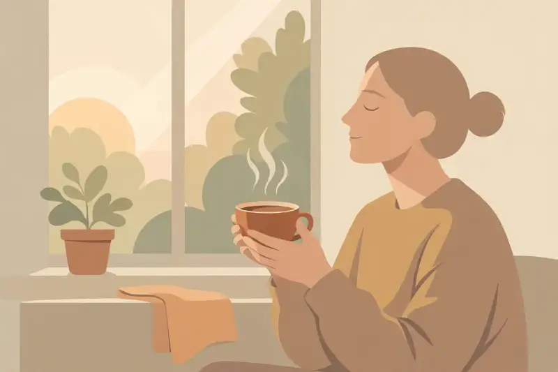 A person pausing mindfully with morning coffee, presence in ordinary moments