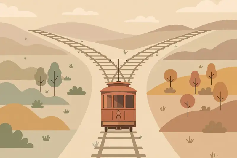 A trolley on railway tracks approaching a junction