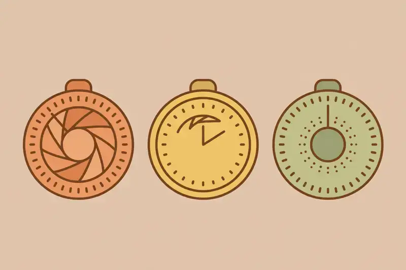 Three camera dials representing aperture, shutter speed, and ISO