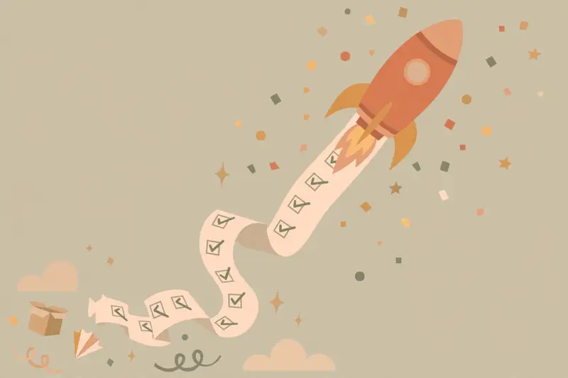 A rocket launching with a checklist, celebrating a shipped project