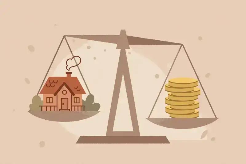 A scale weighing a house against a stack of coins