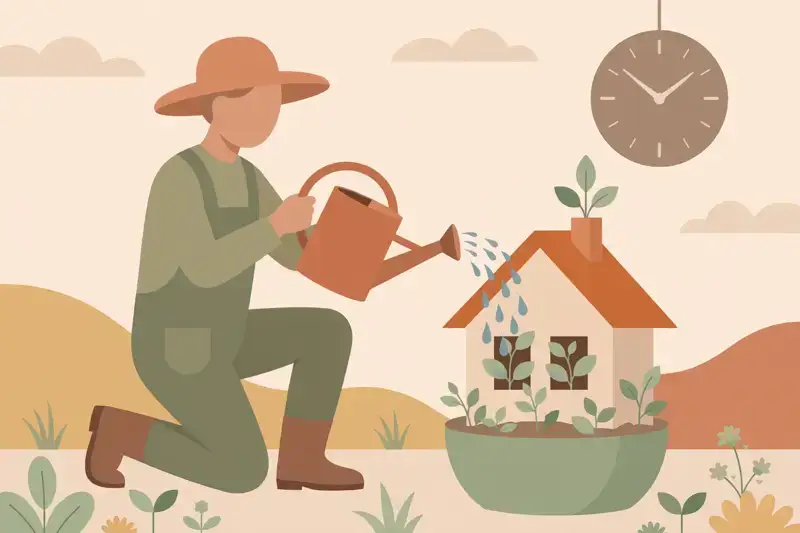 A gardener watering a house-shaped plant as a clock ticks