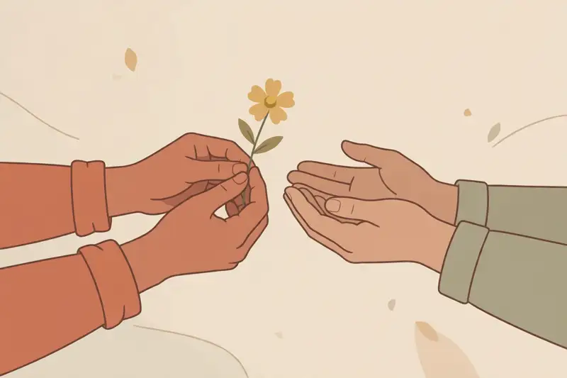 Hands offering a small flower to another pair of hands