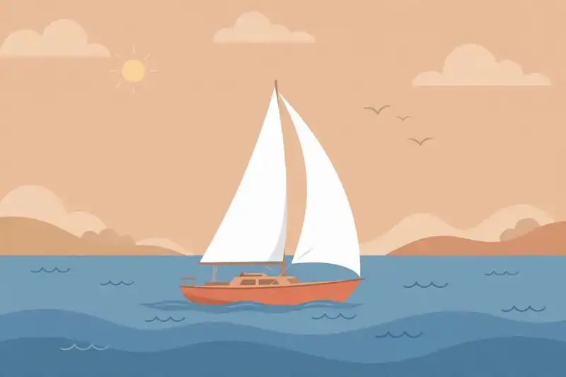 A flat illustration of a sailboat with full sails on open water
