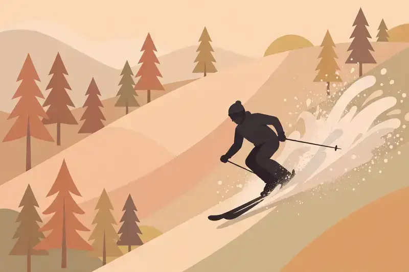 A flat illustration of a skier carving down a snowy slope with pine trees