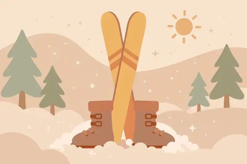 A flat illustration of skis and boots standing in fresh snow