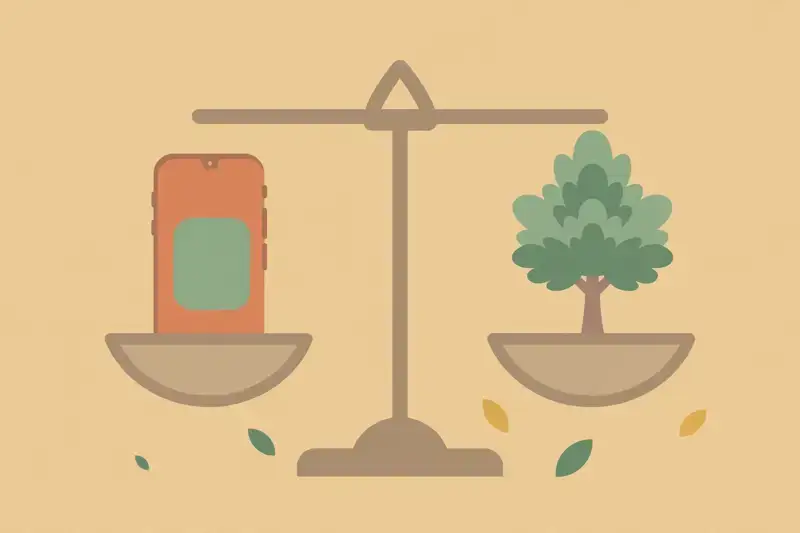 A balanced scale with a smartphone on one side and a green tree on the other