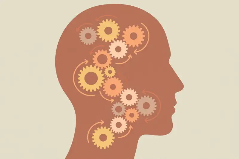 A head with gears shifting direction, changing your mind