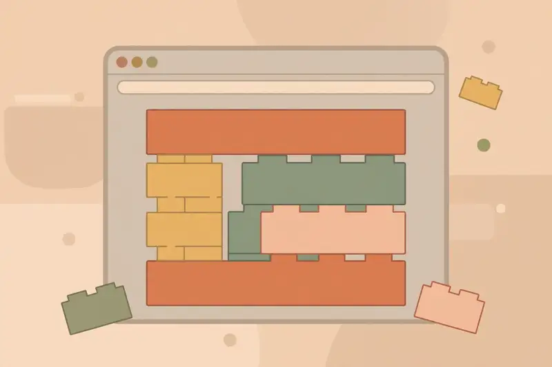 A browser window with building blocks stacking into a webpage