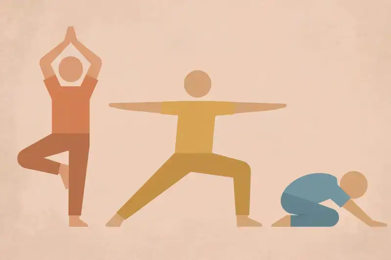 Three simple figures demonstrating different yoga poses side by side
